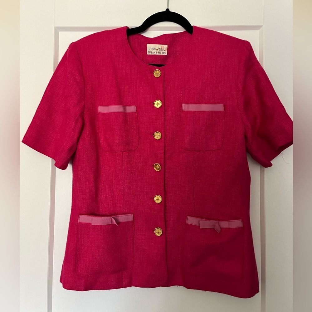 vintage Susan Bristol tweed woven bow detailed barbiecore pink blazer jacket 8